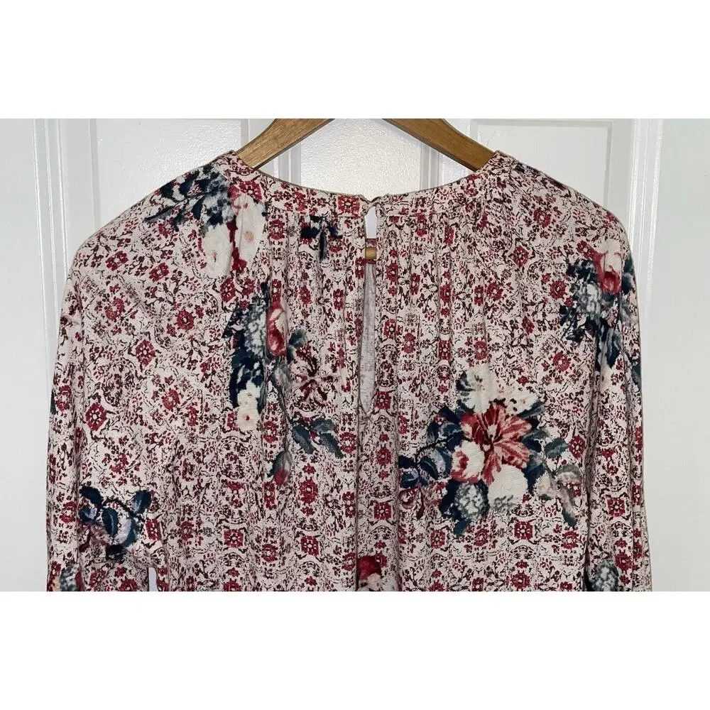 Lucky Brand Women's Boho Peasant Blouse Back Button Keyhole 2 Front Keyholes (M)
